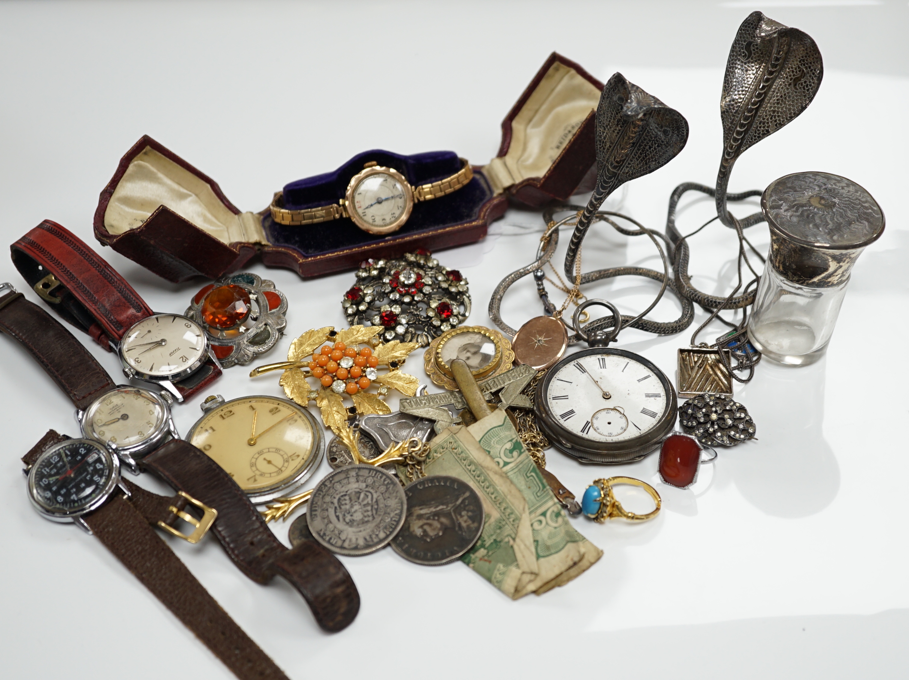 A quantity of assorted mainly costume and other jewellery and a lady's 9ct gold manual wind wrist watch, on a 9ct gold bracelet.